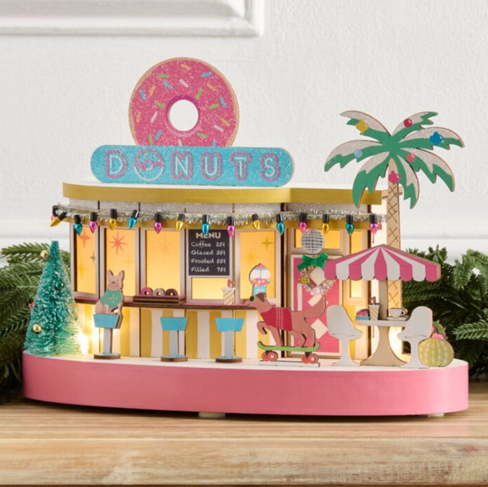 Mid-Century Modern Donut Shop Pink LED Christmas Decor Laser Cut Wood NEW Tags
